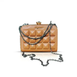 premium elegant caramel studded box clutch sling bag with chain strap
